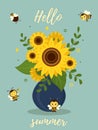 Postcard bouquet of sunflowers in a blue vase and four cute bees on a green background. Vector illustration, cartoon