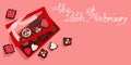 A postcard with a box of chocolates for Valentine's Day. A box of chocolates with text. Printing on paper. postcard Royalty Free Stock Photo