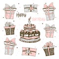 Postcard with cake and birthday gifts. Doodle style Vector