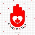 Postcard Canada Day. white heart and red maple leaf on a red hand, symbol of Canada Royalty Free Stock Photo