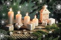 Postcard with candles and gifts Royalty Free Stock Photo