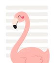 Postcard, card with cute flamingos on a striped background. Vector illustration.