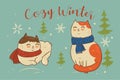 Postcard with cats in scarves and the inscription cozy winter. Vector graphics Royalty Free Stock Photo
