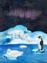 Postcard, children book illustration, polar night scene with ocean and cute wild animals. Royalty Free Stock Photo