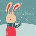 Postcard with Christmas bunny. Cute character. . Doodle illustration. Vector