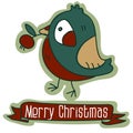 A postcard with a Christmas cartoon bird in the form of a bullfinch with a branch of berries, a cartoon Christmas vector