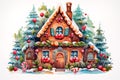 Postcard christmas gingerbread house decorated with icing and candies. Christmas and New Year concept