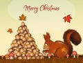 Postcard for Christmas with Christmas squirrels make tree with acorns