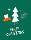 Postcard with a Christmas tree, gifts and a coniferous twig. Cute modern Christmas and New Year card.