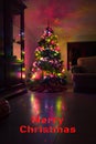Postcard with a Christmas tree in a window with colored lights with the inscription Merry Christmas. Postcard with a Christmas