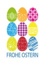Postcard with colorful egg designs on a white background wishing Happy Easter day in German