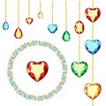 Multicolored diamonds on gold chains. Postcard with colorful gems. Colored gems of different cut.