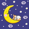 Postcard corgi dog sleeping on the moon. Cute orange redhead welsh corgi vector cartoon sticker illustration isolated on