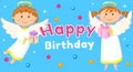 Postcard with cute angels holding presents. Cartoon characters on happy birthday greeting card