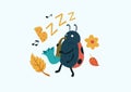 Postcard with a cute beetle playing the saxophone. Vector graphics