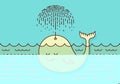 Postcard with cute careless whale baby swimming in the sea under rain making umbrella out of his fountain. Flat style