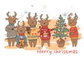 Postcard with cute deer in sweaters Merry Christmas. Vector graphics