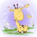 Postcard cute giraffe flowers and butterflies. Cartoon style