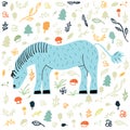 Postcard with a cute horse, mushrooms, grass, leaves, illustration in doodle style for childrens printing on cards, clothes