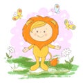 Postcard cute lion cub flowers and butterflies. Cartoon style