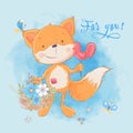 Postcard cute little fox and flowers. Cartoon style.