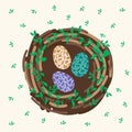 Postcard cute Nest. Cute bird house poster with eggs. Spring illustration of a nestling home. Nest bird house in a circle of