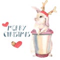 Postcard with a cute pink bunny and a mug of coffee. Merry Christmas. Hare in Santa`s deer horns. Isolated Royalty Free Stock Photo