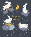 Postcard with cute rabbits and the inscription magical dreams. Vector graphics