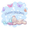 Postcard cute sleeping bear and butterflies. Royalty Free Stock Photo