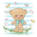 Postcard cute teddy bear flowers and butterflies. Cartoon style