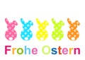 Postcard design with colorful abstract bunnies wishing Happy Easter day in German