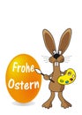 Postcard design with a funny artist bunny character wishing Happy Easter day in German