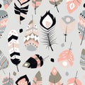 Seamless pattern with boho vintage tribal ethnic colorful vibrant feathers Royalty Free Stock Photo