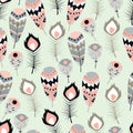 Seamless pattern with boho vintage tribal ethnic colorful vibrant feathers