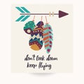 Postcard design with inspirational quote and bohemian colorful feathers