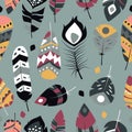 Seamless pattern with boho vintage tribal ethnic colorful vibrant feathers Royalty Free Stock Photo