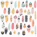 Collection of boho vintage tribal ethnic hand drawn colorful feathers