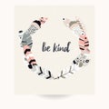 Postcard design with inspirational quote and bohemian colorful feathers