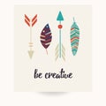 Postcard design with inspirational quote and bohemian colorful feathers