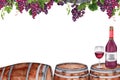 Postcard design with wine glass and bottle on top of wooden barrel under bunches of grapes with green leaves on vine branch. Hand Royalty Free Stock Photo