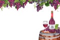 Postcard design with wine glass and bottle on top of wooden barrel under bunches of grapes with green leaves on vine branch. Hand Royalty Free Stock Photo