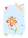 A postcard with a dragonfly and a flower in cartoon style, hand-drawn, digital painting with watercolor brushes. A cute