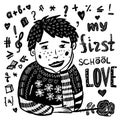 Postcard drawing cute boy in school is going to give a rose to a girl, on Valentine`s Day, a sketch, hand-drawn cartoon