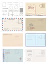 Postcard envelope template set. Greeting card stamps postal services red blue frame fast delivery air ships stylish