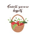 Postcard favorite summer desserts. Basket with fruit, apples. White background