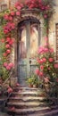 Delicate Watercolor Painting Of House Entrance With Pink Flowers