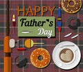 A postcard with fishing gear, doughnuts and a fishing rod for father s Day. Illustration with an English cage Royalty Free Stock Photo