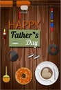 A postcard with fishing gear, doughnuts and a fishing rod for father s Day. Vector illustration with top view on wooden Royalty Free Stock Photo