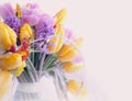 Greeting Card. Bouquet of Colorful Mixed Flowers - Tulips in a Vase. Floristics Royalty Free Stock Photo