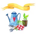 Postcard for the gardener: tools for work, seedlings and a ribbon for signature